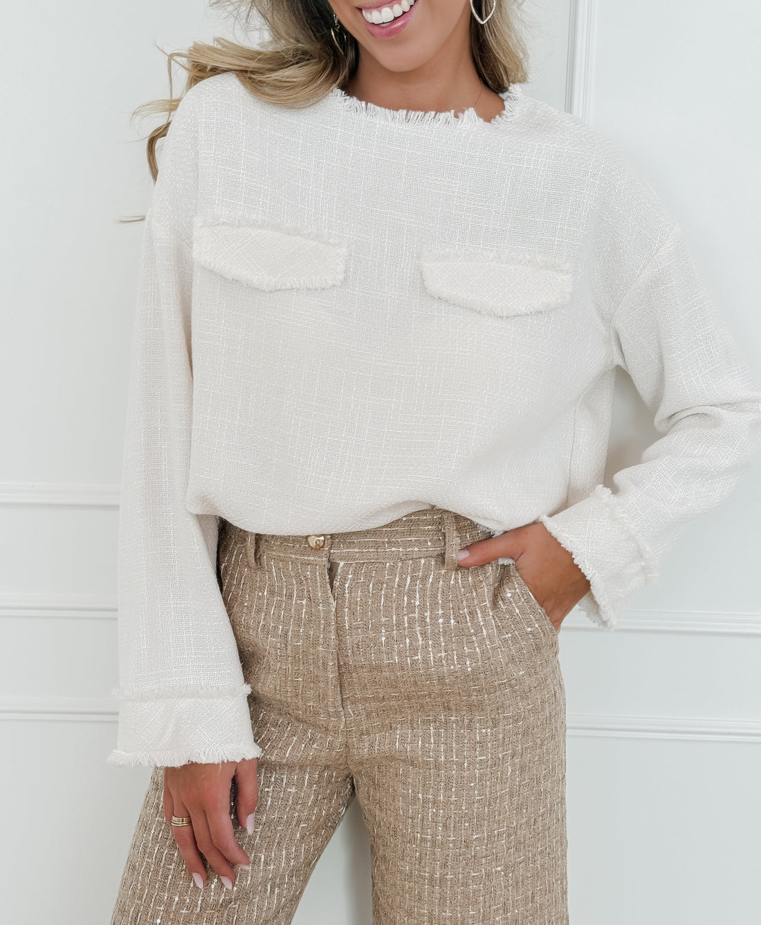 Cream Two Pocket Tweed Blouse