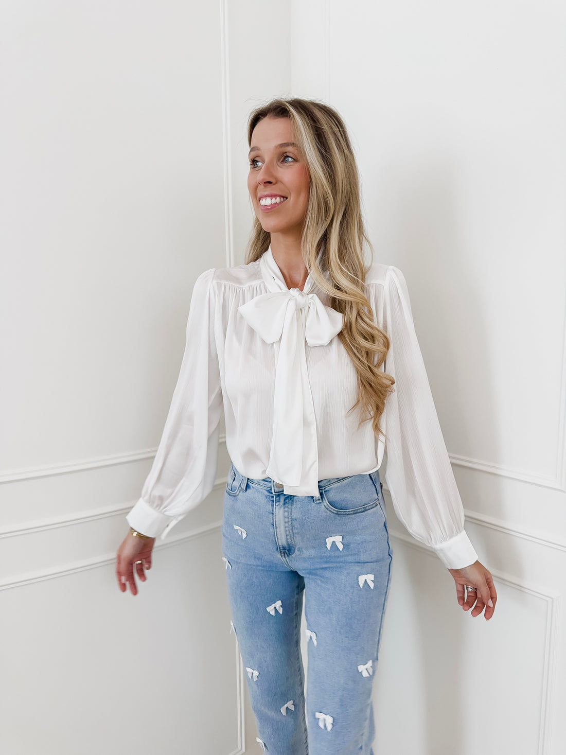 White Satin Bow Blouse