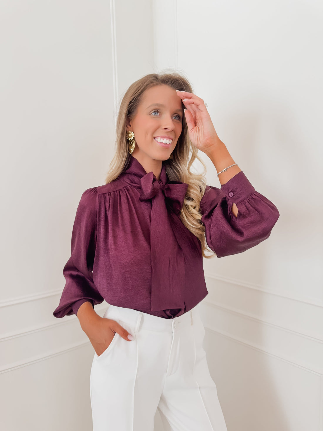 Dark Purple Satin Front Bow Blouse