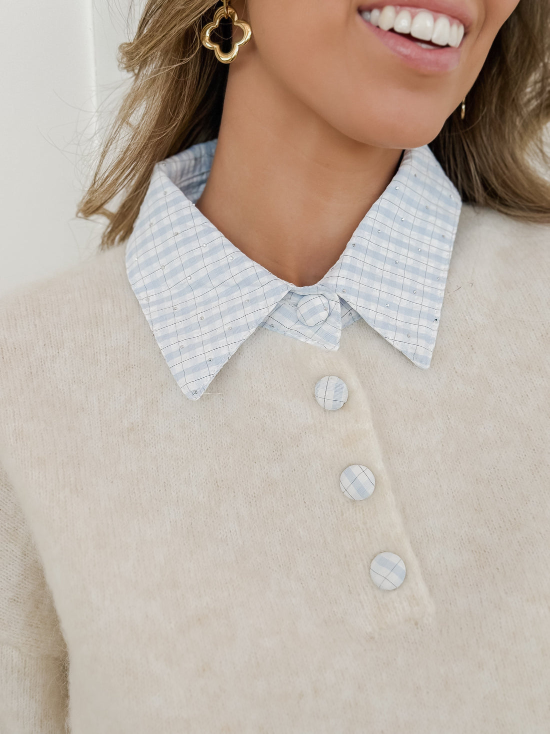 Beige Blue Alexis Checked Diamond Sweater