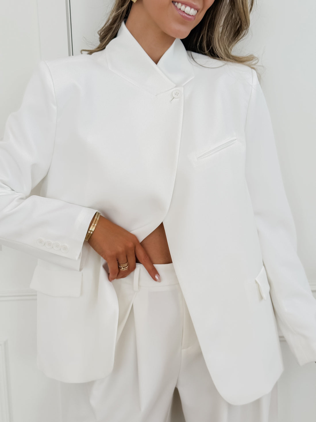 White Amandine Stand Collar Overlap Blazer