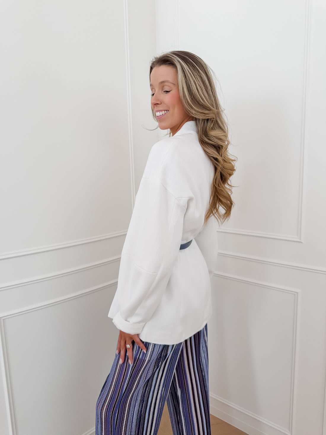 Blue Tinted Jolene Striped Crochet Trouser