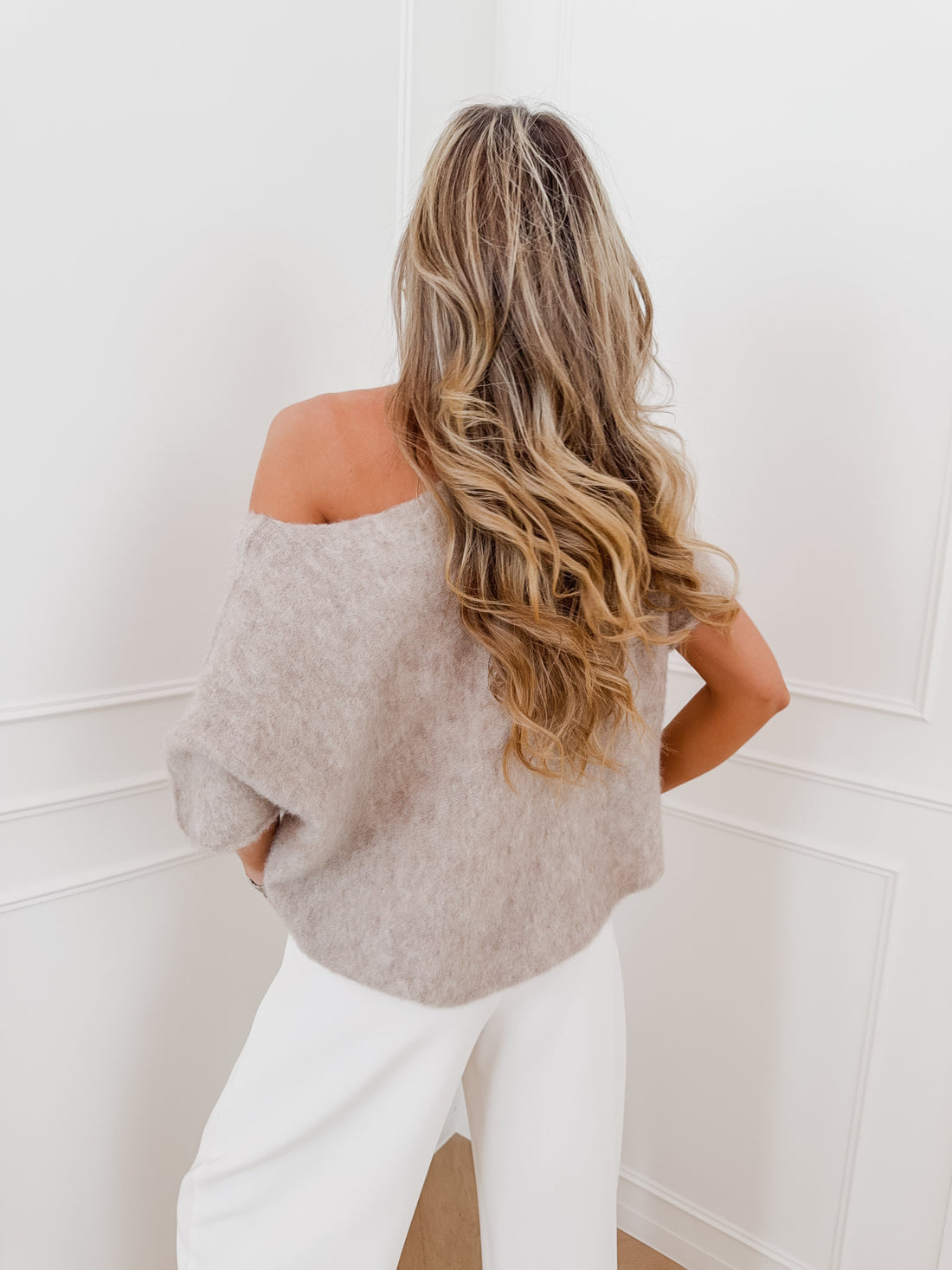 Taupe One Off Shoulder Halterneck Sweater