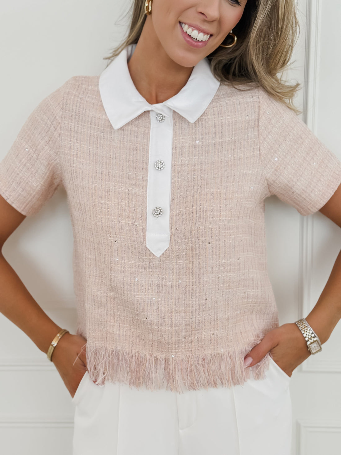 Peach White Annabelle Tweed Shirt