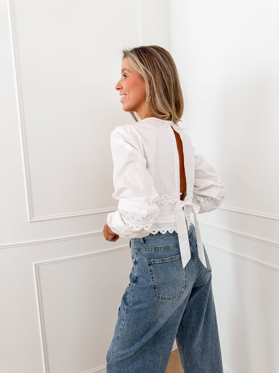 White Open Back Broderie Blouse