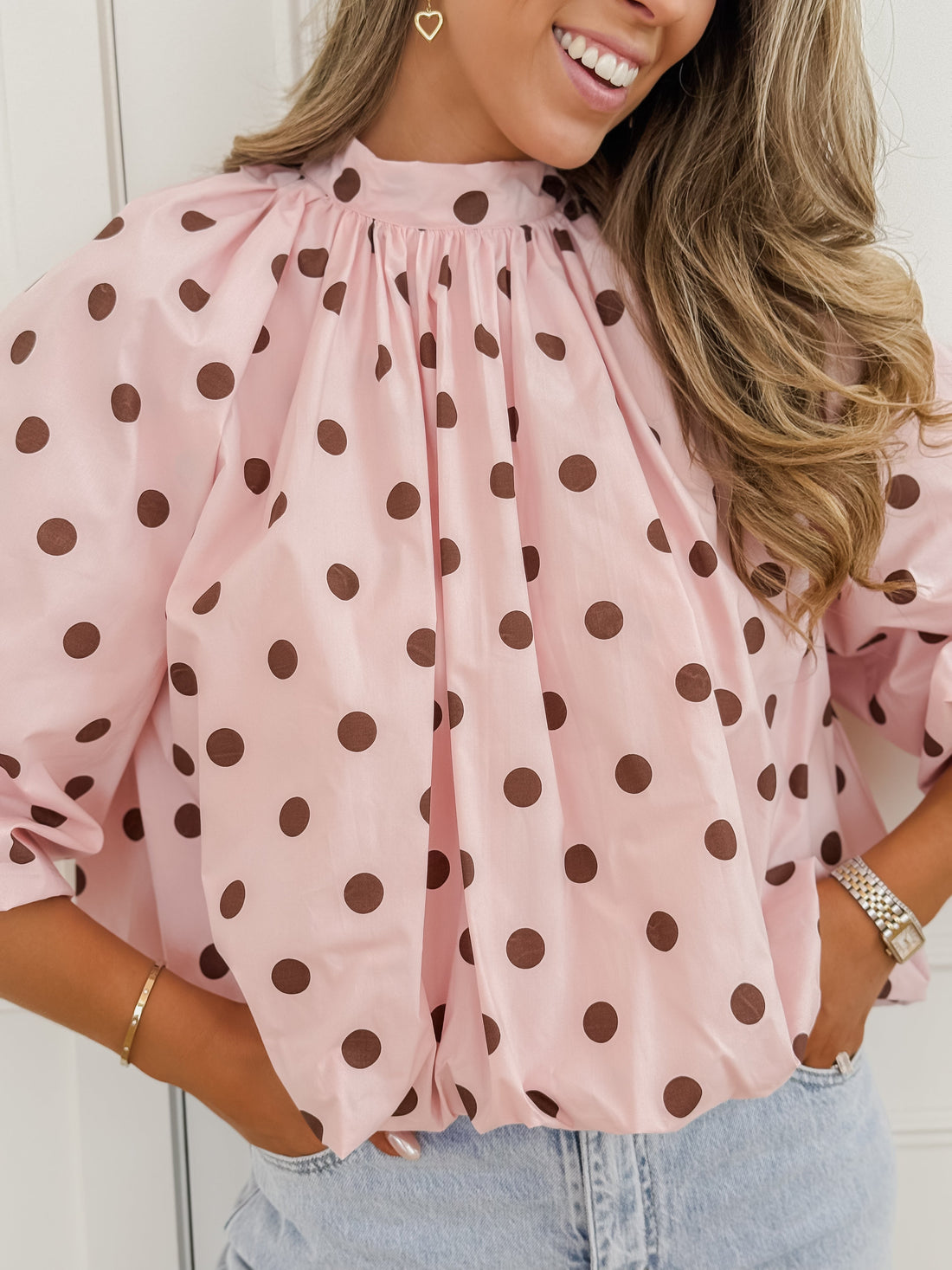 Pink Brown Polka Dots Leontina Blouse