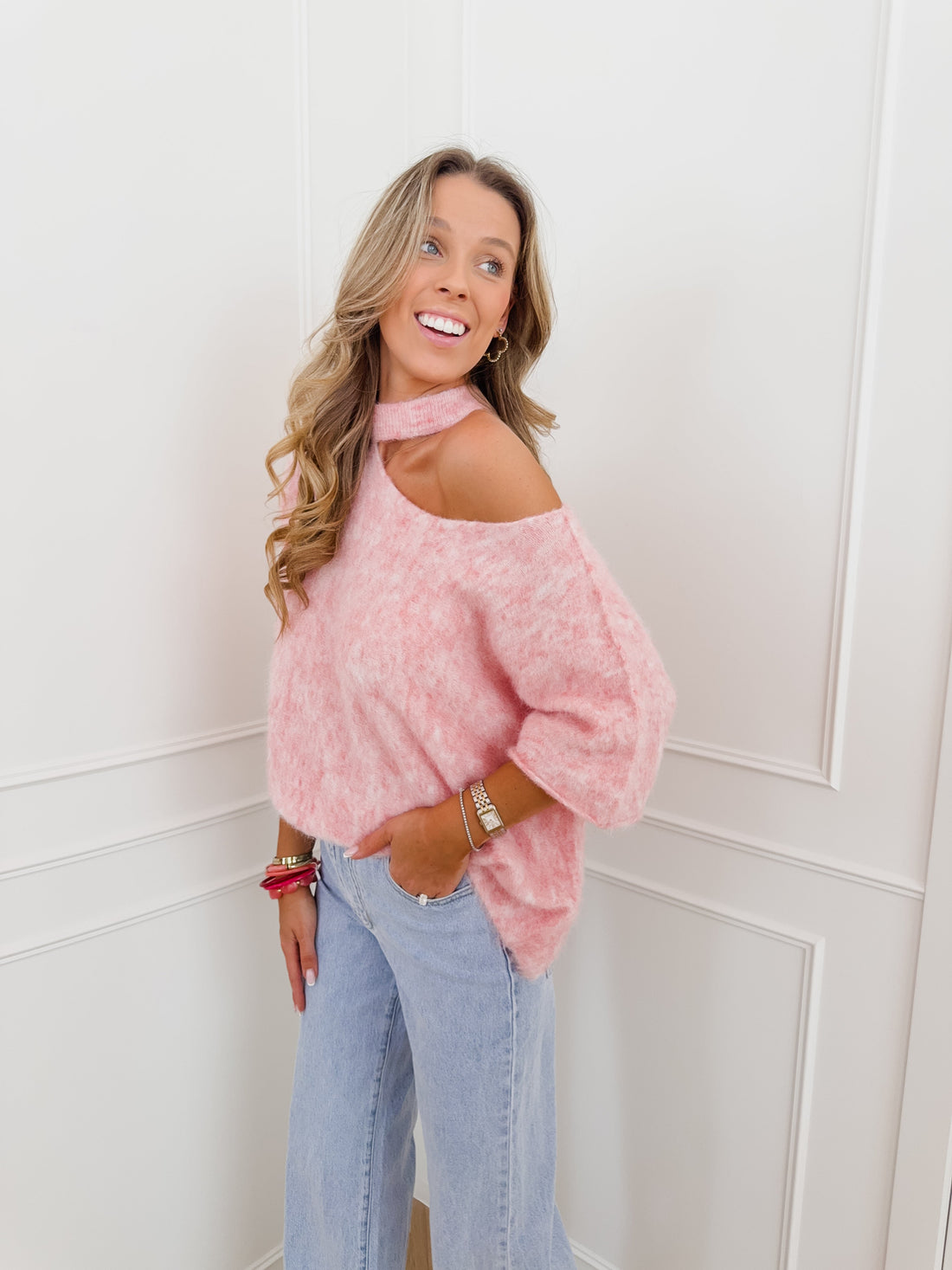 Pink One Off Shoulder Halterneck Sweater