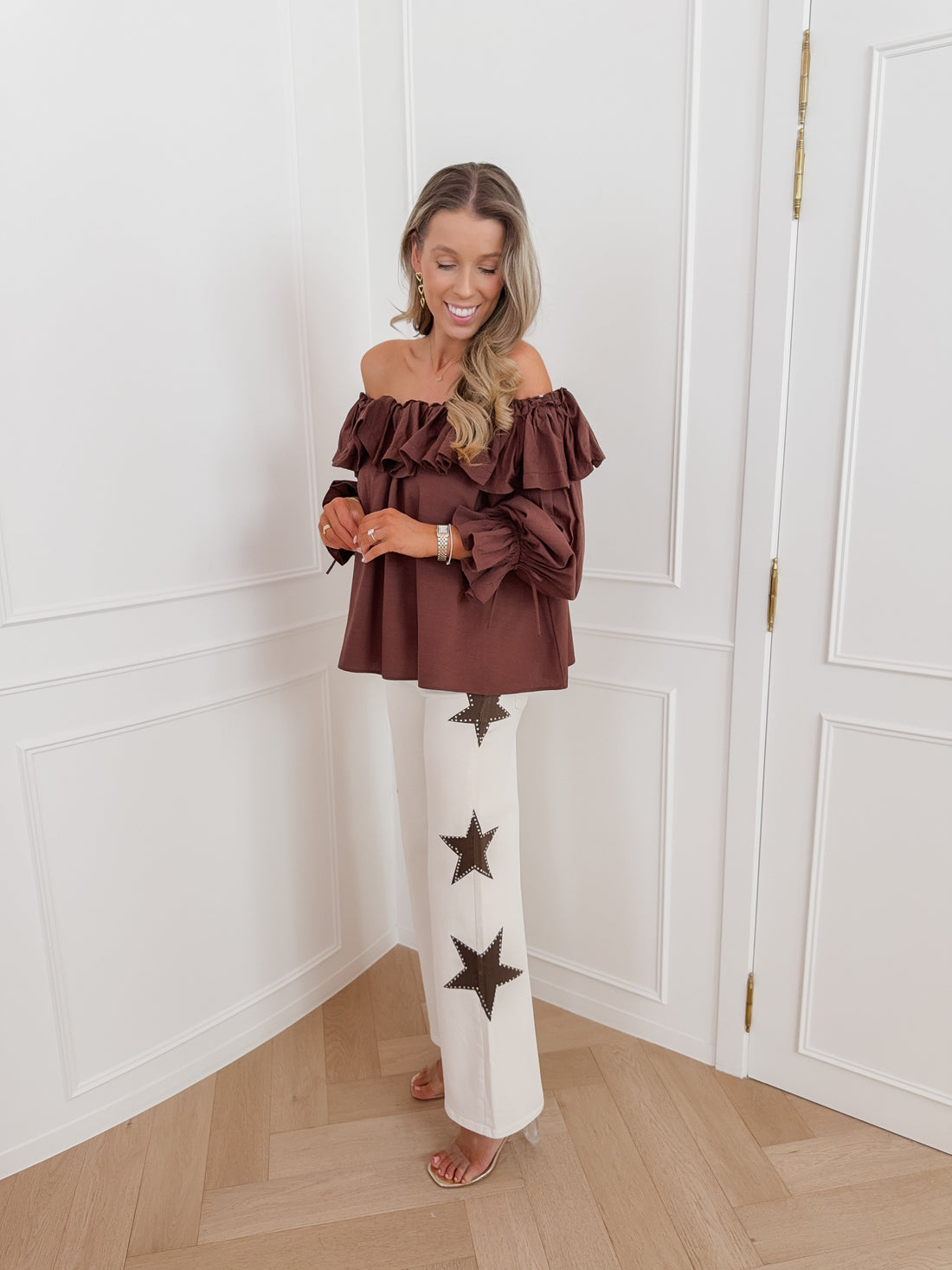 Cream Brown Star Diamond Detail Jeans