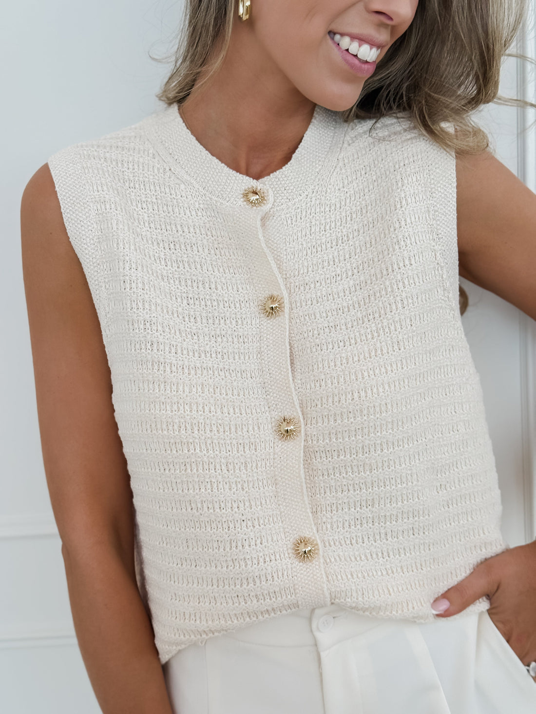 Vanilla Gold Sun Buttons Crochet Gilet