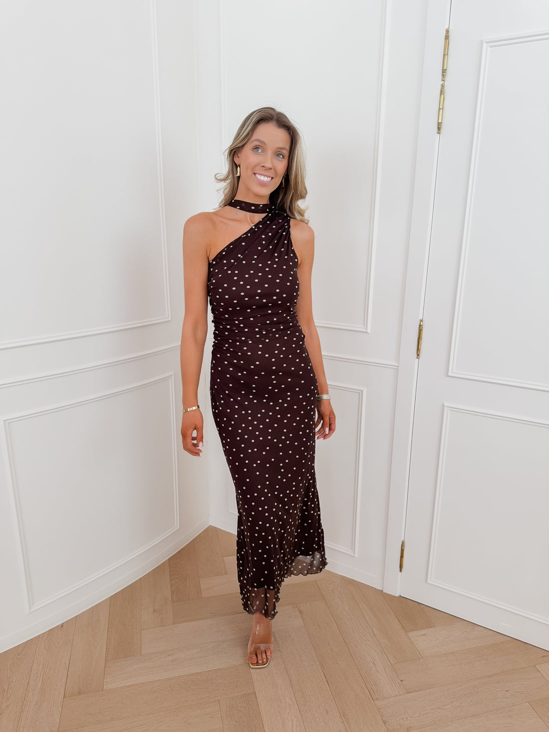 Brown Polka Dots One Shoulder Dress