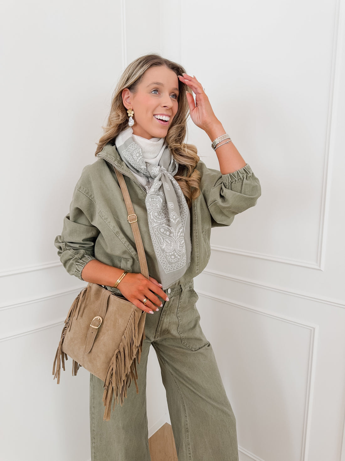 Beige Suede Side Fringe Bag