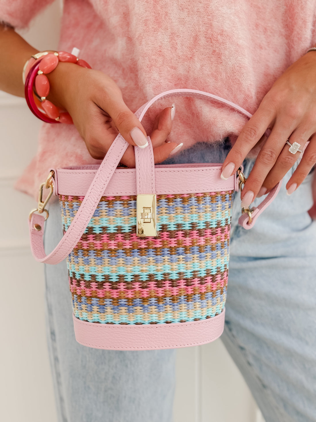Multicolor Pink Leather Bucket Bag