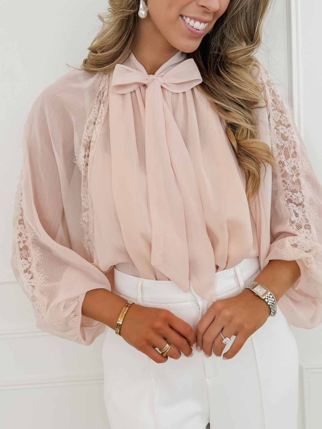 Light Pink Lace Detail Bow Blouse