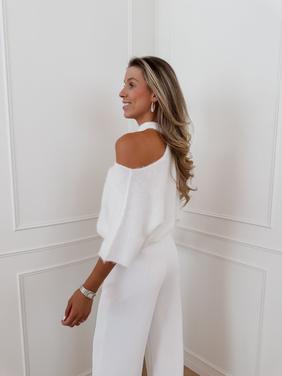 White One Off Shoulder Halterneck Sweater