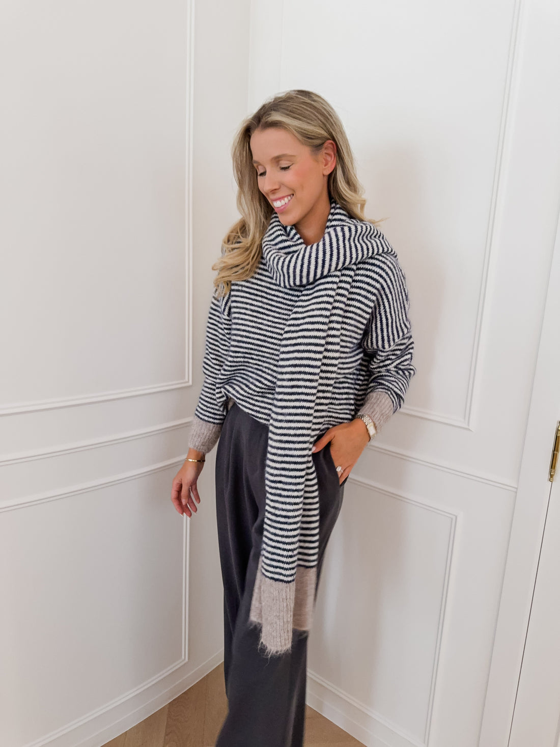 Blue Cream Striped Sweater Set