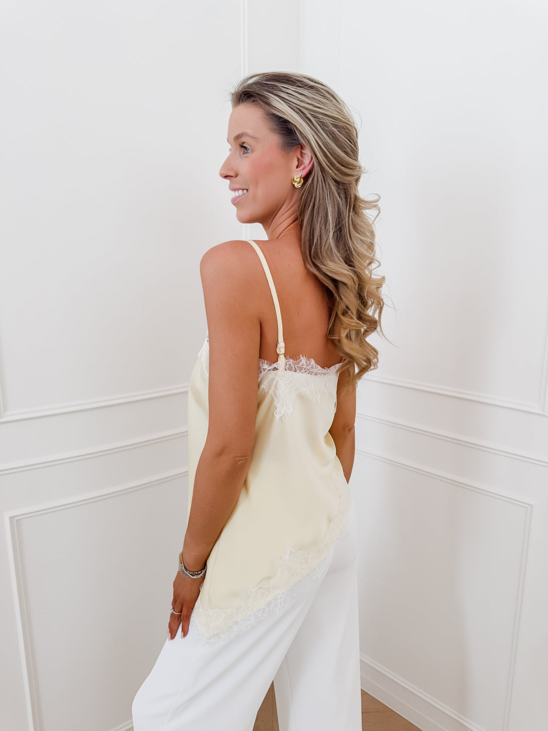 Yellow Felicity Satin Lace Asymmetric Top