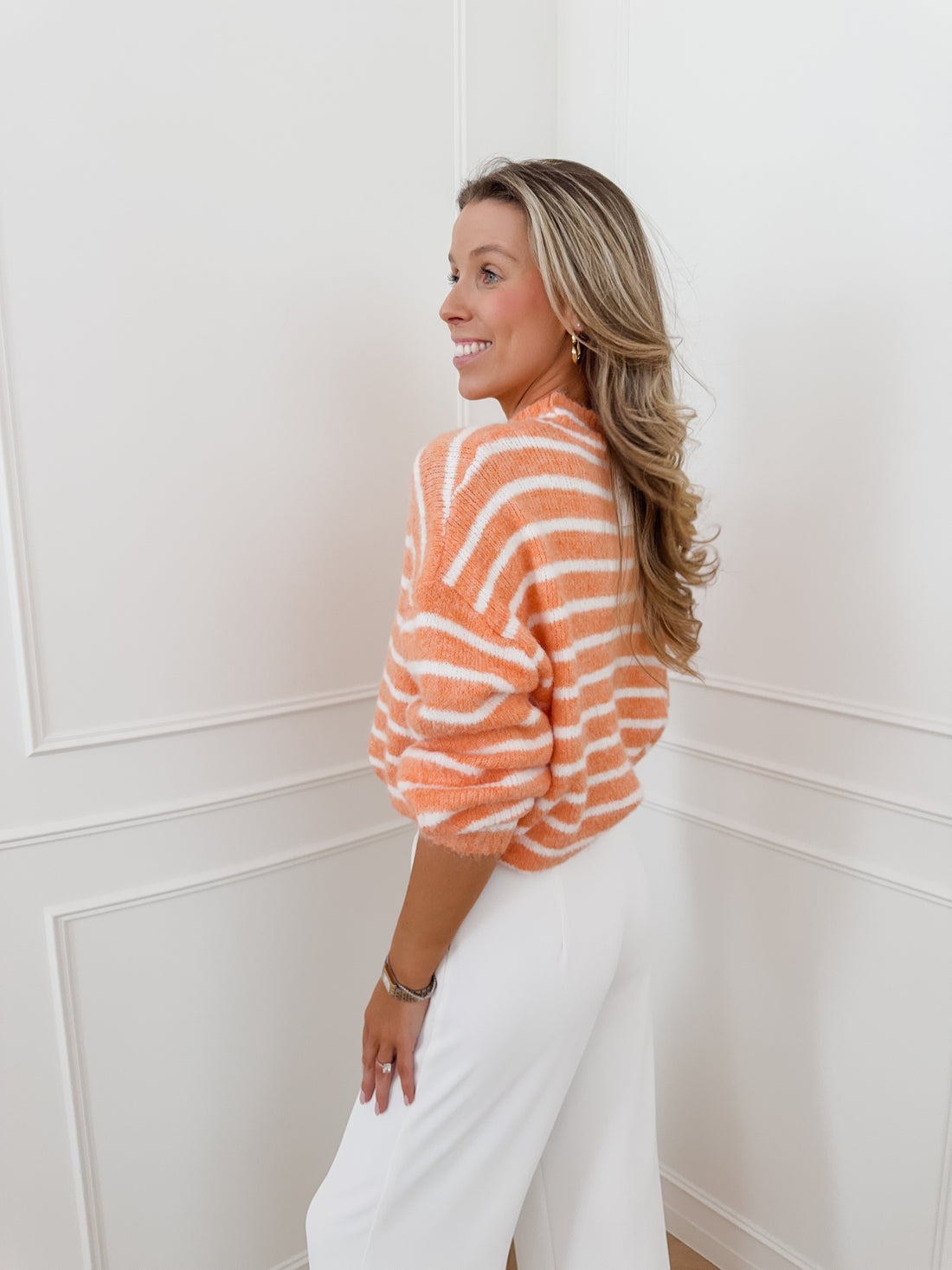 Orange White Kaiden Knitted Striped Sweater
